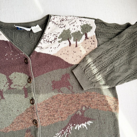 vtg Northern Treasures green fox duck horse mushroom cardigan sweater XL - Picture 5 of 7